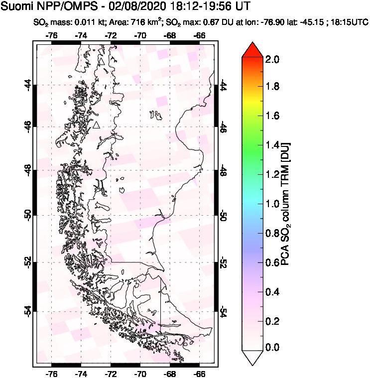 A sulfur dioxide image over Southern Chile on Feb 08, 2020.