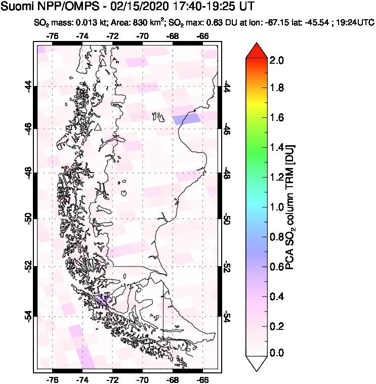A sulfur dioxide image over Southern Chile on Feb 15, 2020.