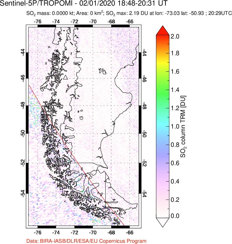 A sulfur dioxide image over Southern Chile on Feb 01, 2020.