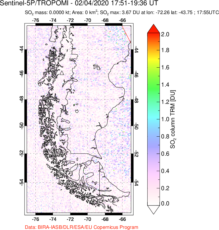 A sulfur dioxide image over Southern Chile on Feb 04, 2020.