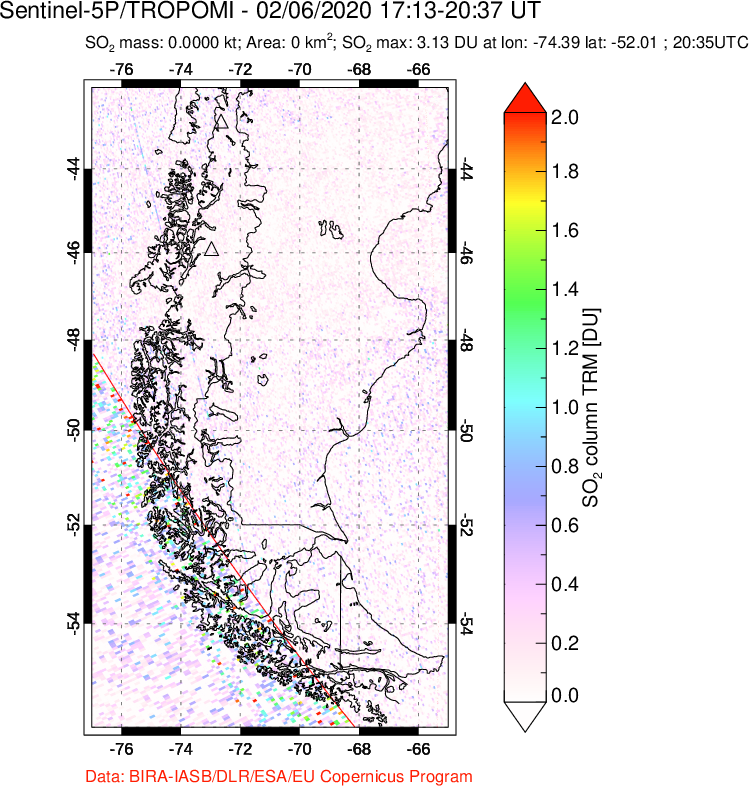 A sulfur dioxide image over Southern Chile on Feb 06, 2020.