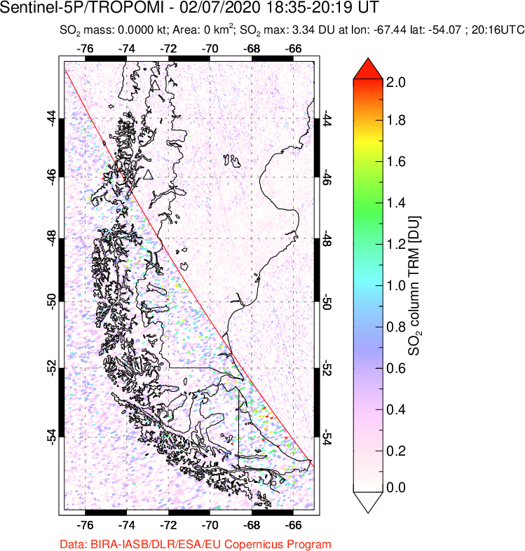 A sulfur dioxide image over Southern Chile on Feb 07, 2020.