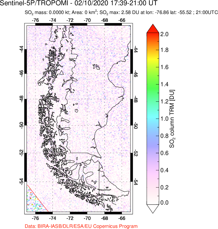 A sulfur dioxide image over Southern Chile on Feb 10, 2020.