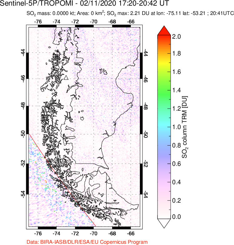 A sulfur dioxide image over Southern Chile on Feb 11, 2020.