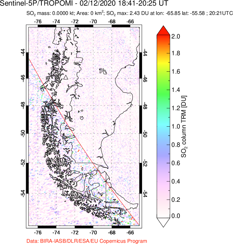 A sulfur dioxide image over Southern Chile on Feb 12, 2020.