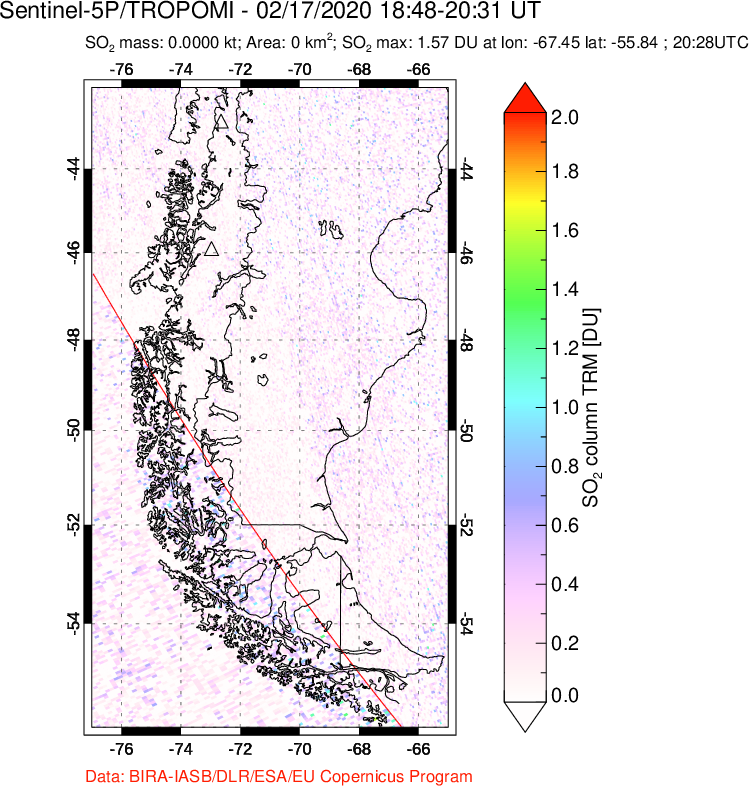A sulfur dioxide image over Southern Chile on Feb 17, 2020.