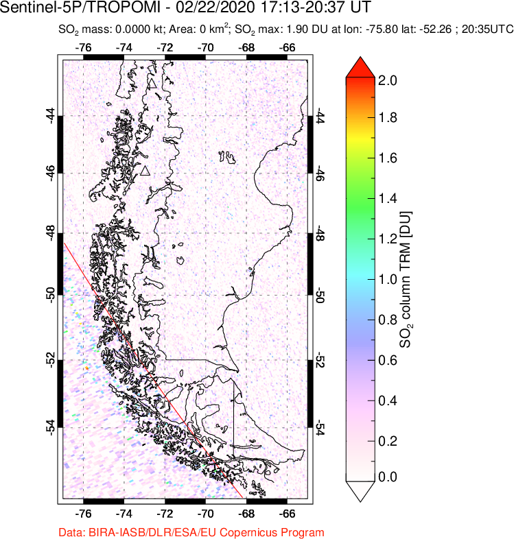 A sulfur dioxide image over Southern Chile on Feb 22, 2020.