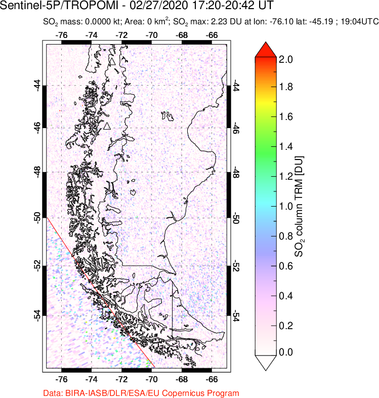 A sulfur dioxide image over Southern Chile on Feb 27, 2020.