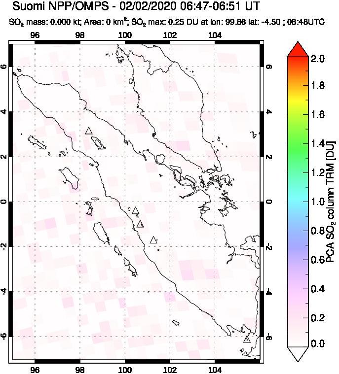 A sulfur dioxide image over Sumatra, Indonesia on Feb 02, 2020.