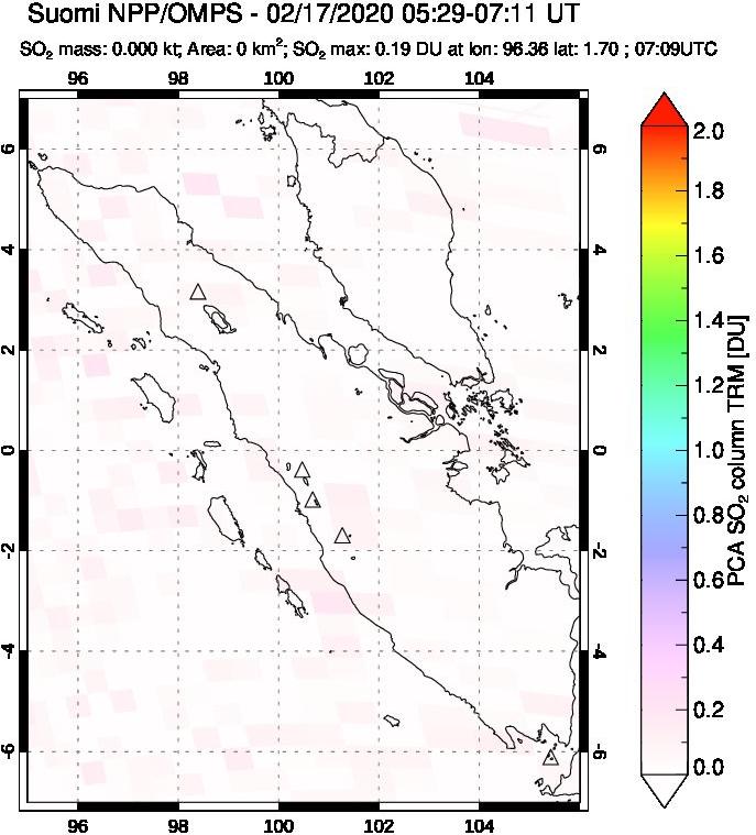 A sulfur dioxide image over Sumatra, Indonesia on Feb 17, 2020.