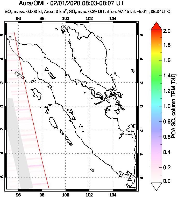 A sulfur dioxide image over Sumatra, Indonesia on Feb 01, 2020.