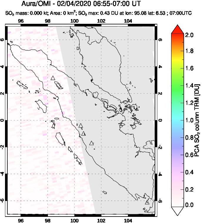 A sulfur dioxide image over Sumatra, Indonesia on Feb 04, 2020.