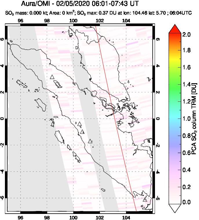 A sulfur dioxide image over Sumatra, Indonesia on Feb 05, 2020.