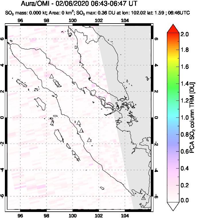 A sulfur dioxide image over Sumatra, Indonesia on Feb 06, 2020.