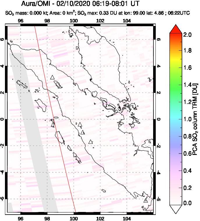 A sulfur dioxide image over Sumatra, Indonesia on Feb 10, 2020.