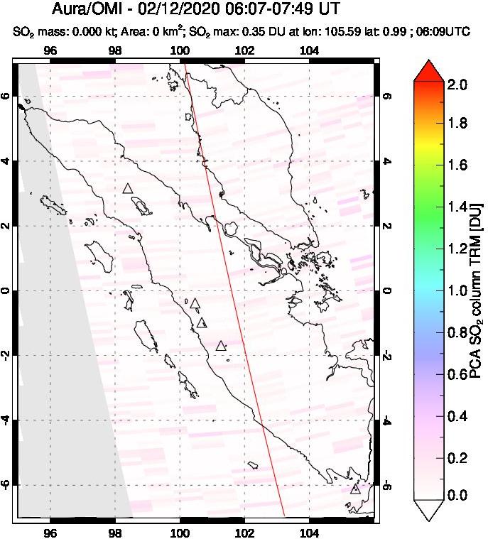 A sulfur dioxide image over Sumatra, Indonesia on Feb 12, 2020.