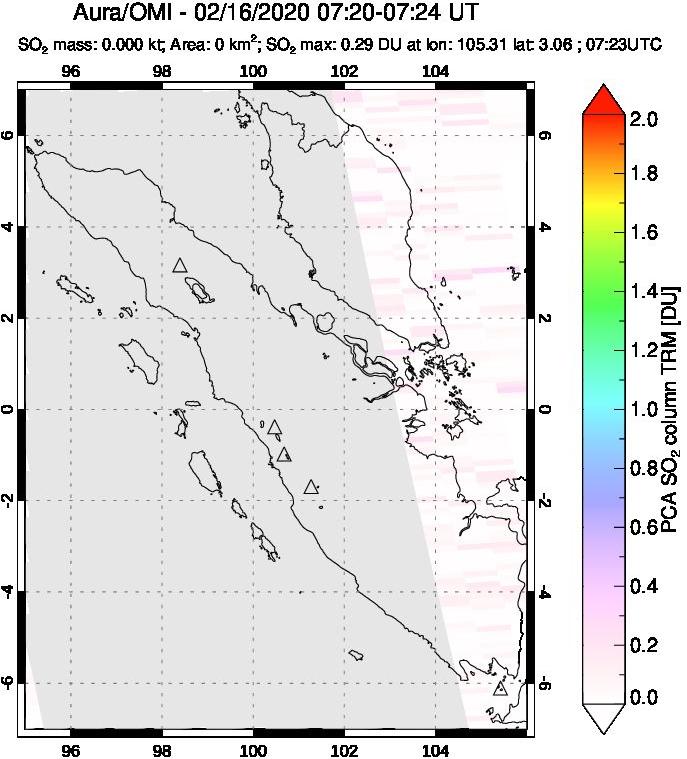 A sulfur dioxide image over Sumatra, Indonesia on Feb 16, 2020.