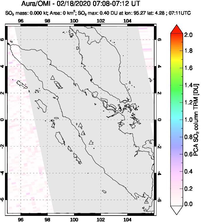 A sulfur dioxide image over Sumatra, Indonesia on Feb 18, 2020.