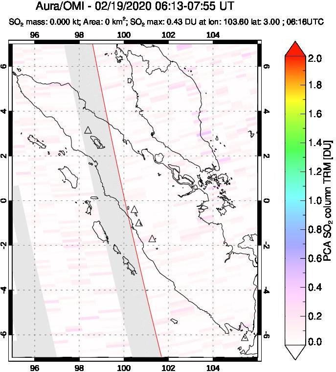 A sulfur dioxide image over Sumatra, Indonesia on Feb 19, 2020.