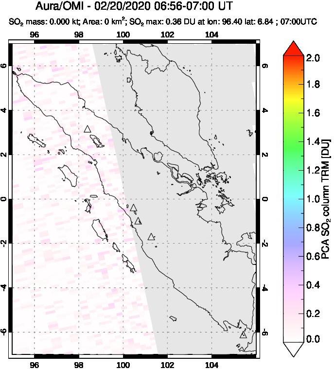 A sulfur dioxide image over Sumatra, Indonesia on Feb 20, 2020.