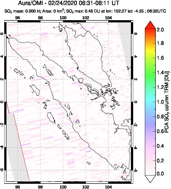 A sulfur dioxide image over Sumatra, Indonesia on Feb 24, 2020.