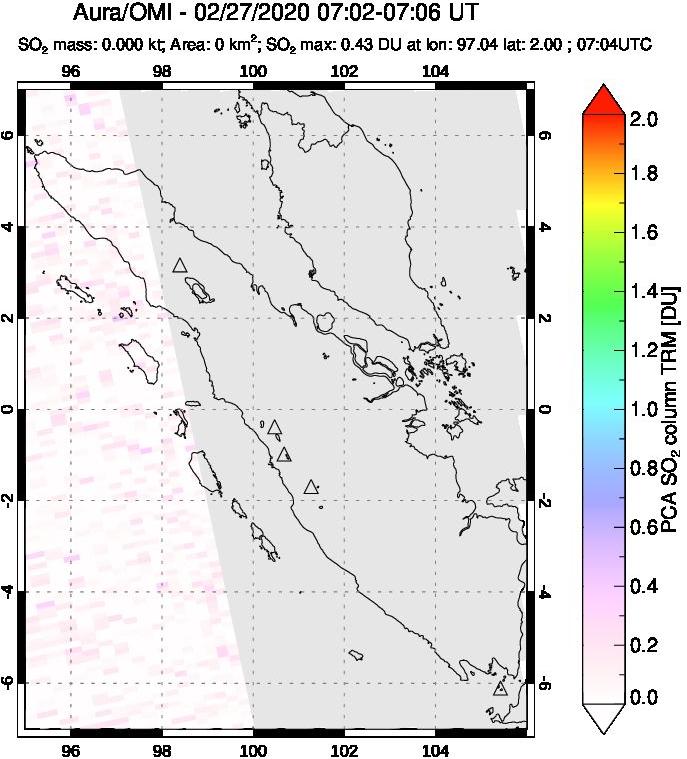 A sulfur dioxide image over Sumatra, Indonesia on Feb 27, 2020.