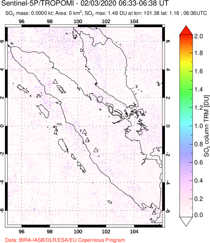 A sulfur dioxide image over Sumatra, Indonesia on Feb 03, 2020.