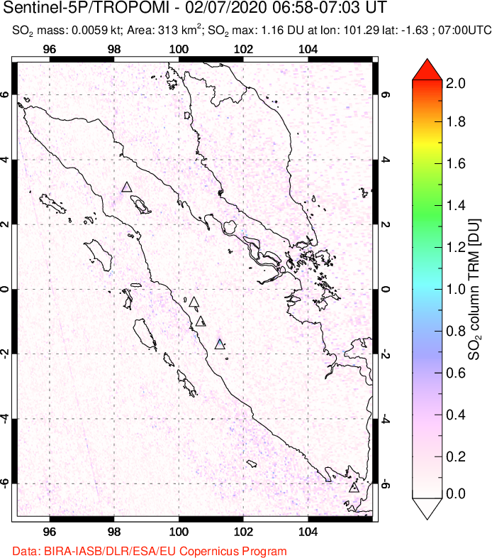 A sulfur dioxide image over Sumatra, Indonesia on Feb 07, 2020.