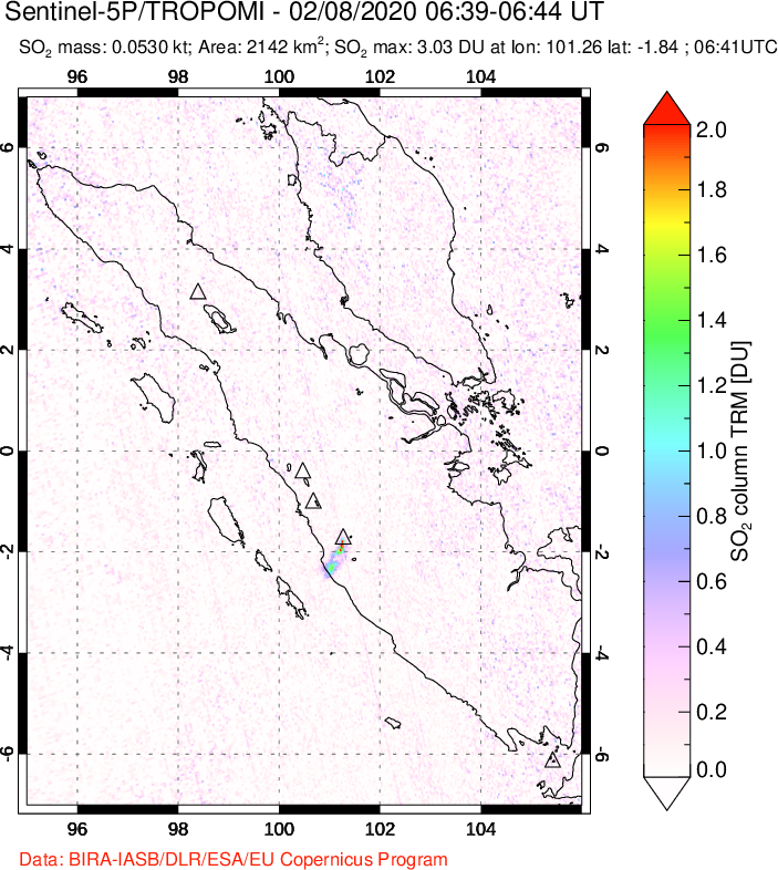 A sulfur dioxide image over Sumatra, Indonesia on Feb 08, 2020.
