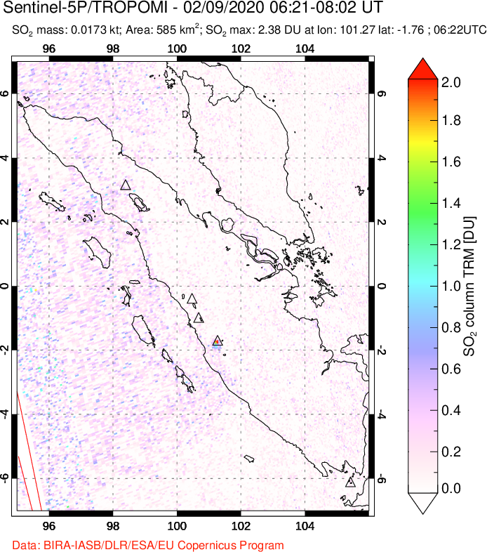 A sulfur dioxide image over Sumatra, Indonesia on Feb 09, 2020.