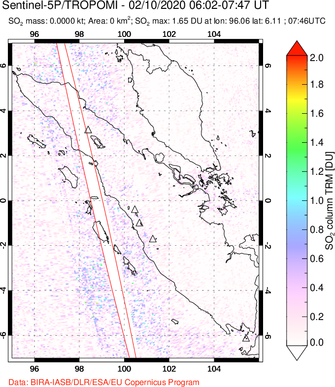 A sulfur dioxide image over Sumatra, Indonesia on Feb 10, 2020.