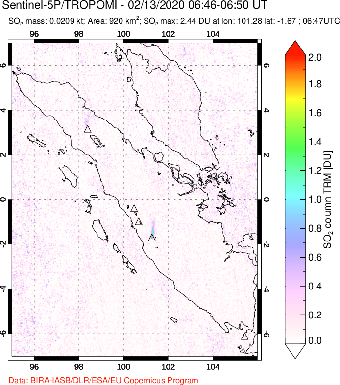 A sulfur dioxide image over Sumatra, Indonesia on Feb 13, 2020.