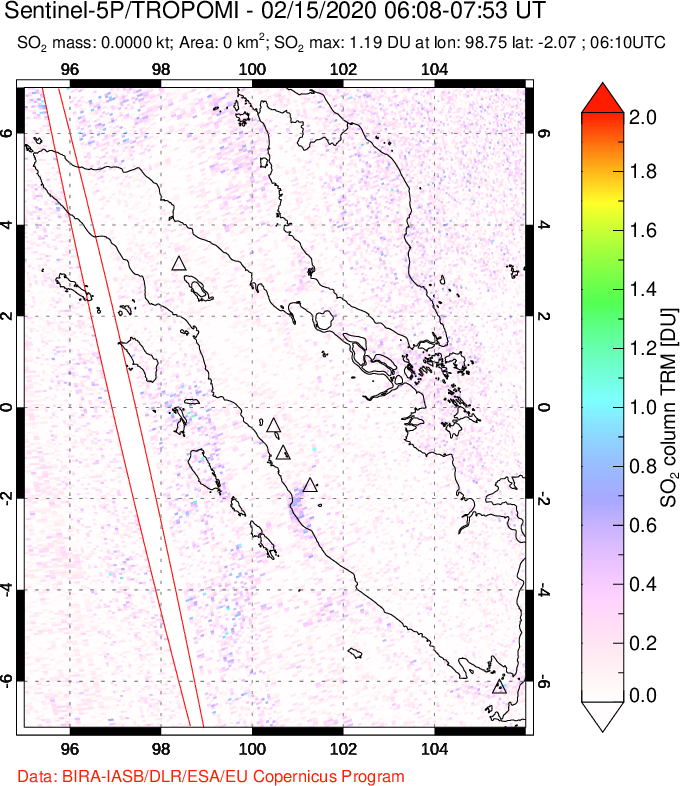 A sulfur dioxide image over Sumatra, Indonesia on Feb 15, 2020.