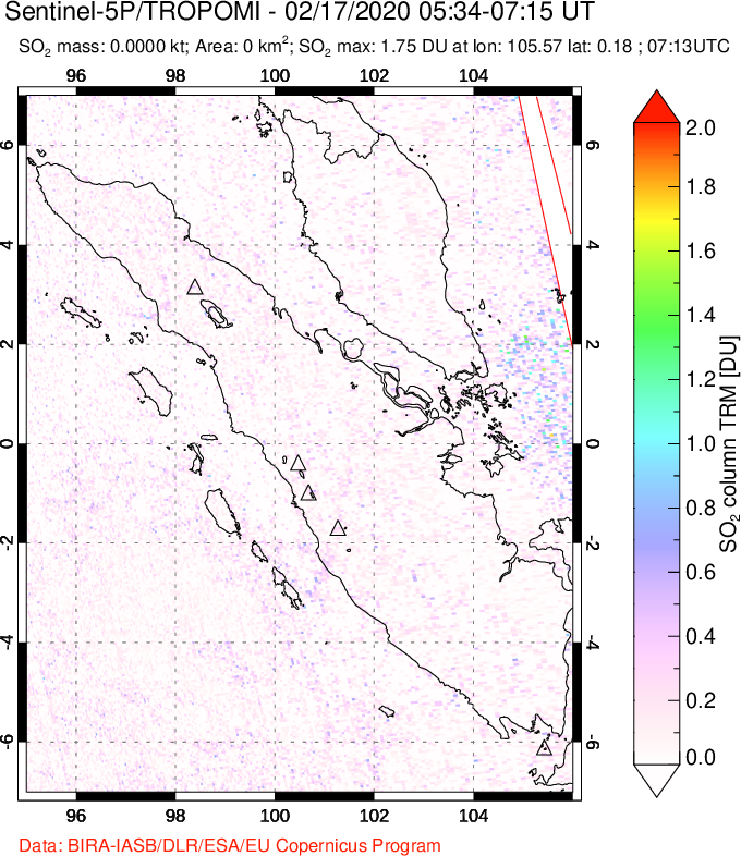 A sulfur dioxide image over Sumatra, Indonesia on Feb 17, 2020.