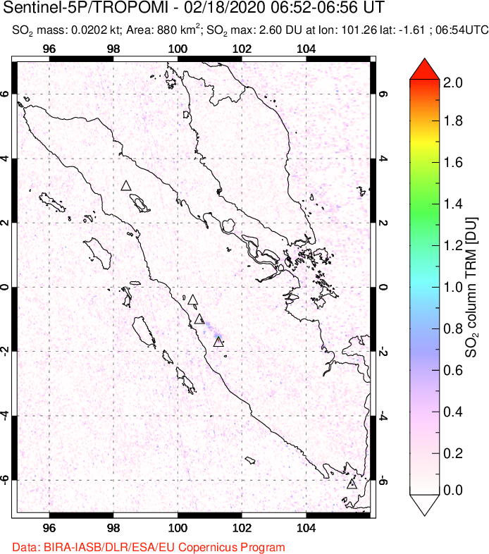 A sulfur dioxide image over Sumatra, Indonesia on Feb 18, 2020.