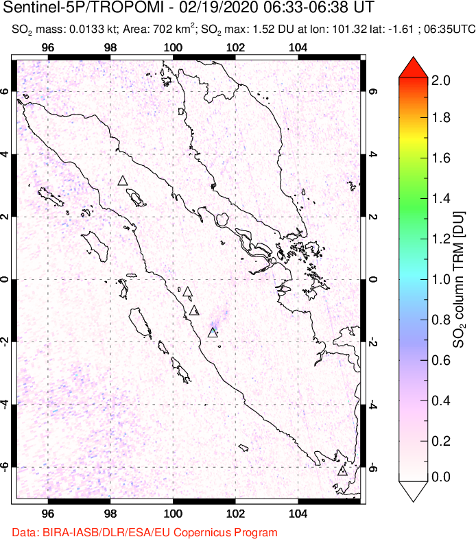 A sulfur dioxide image over Sumatra, Indonesia on Feb 19, 2020.