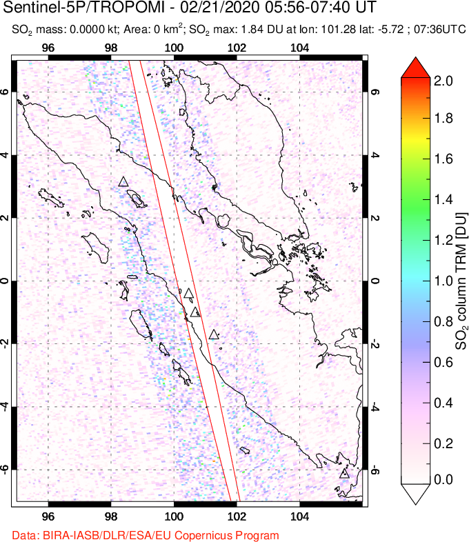A sulfur dioxide image over Sumatra, Indonesia on Feb 21, 2020.