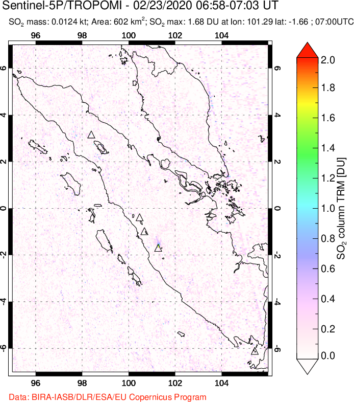 A sulfur dioxide image over Sumatra, Indonesia on Feb 23, 2020.