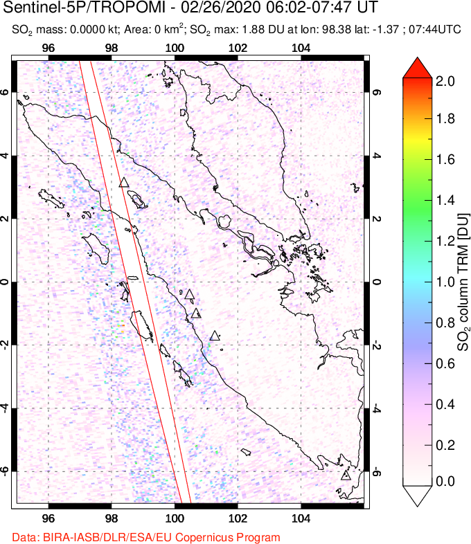 A sulfur dioxide image over Sumatra, Indonesia on Feb 26, 2020.