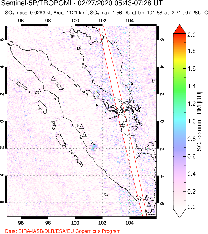 A sulfur dioxide image over Sumatra, Indonesia on Feb 27, 2020.