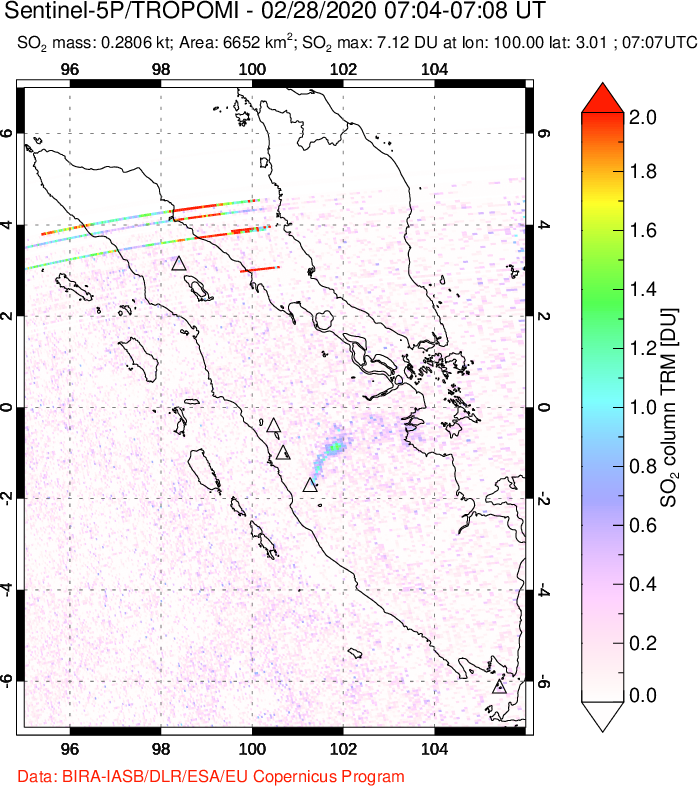 A sulfur dioxide image over Sumatra, Indonesia on Feb 28, 2020.