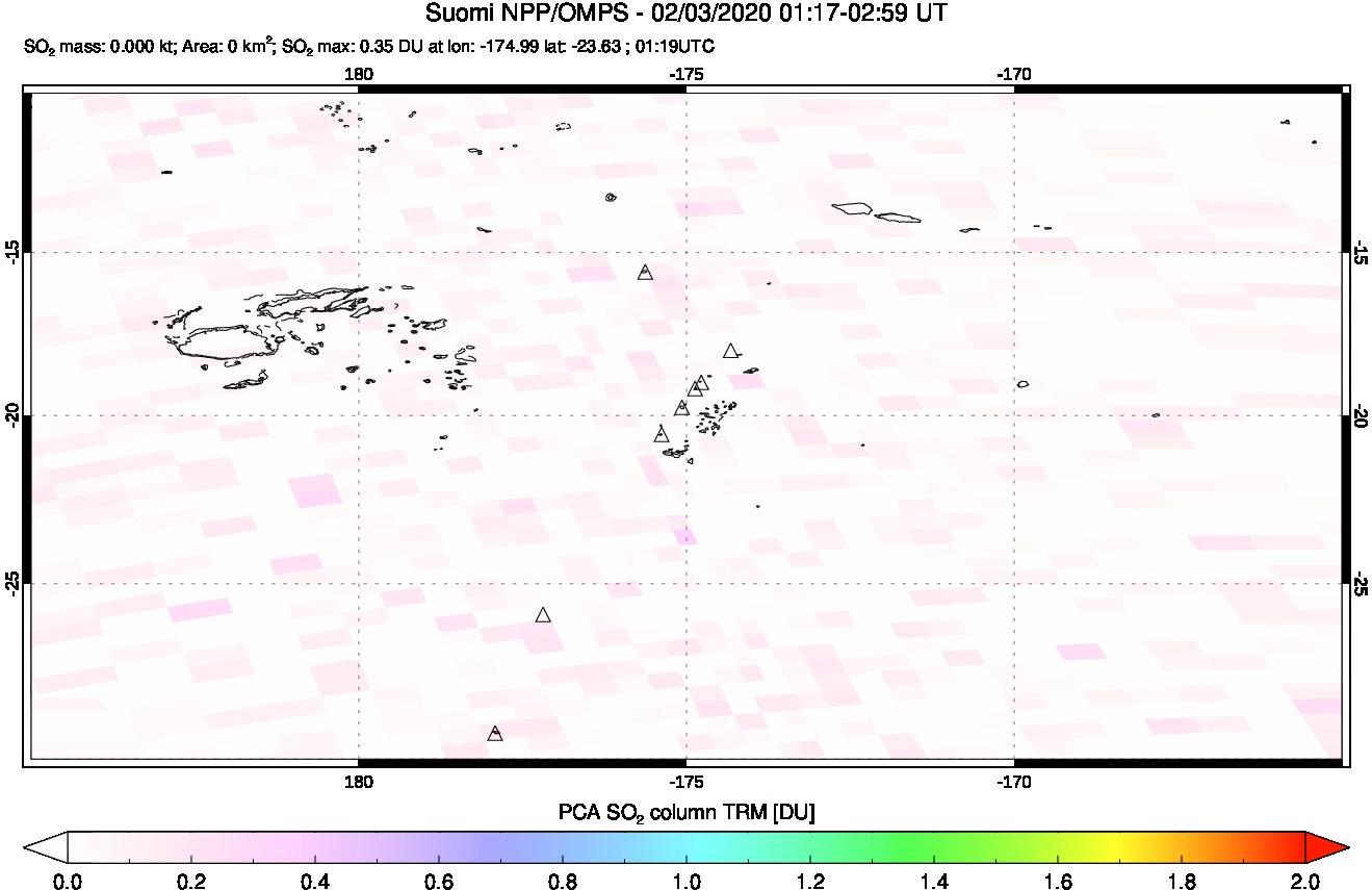 A sulfur dioxide image over Tonga, South Pacific on Feb 03, 2020.