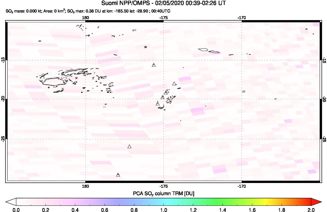 A sulfur dioxide image over Tonga, South Pacific on Feb 05, 2020.