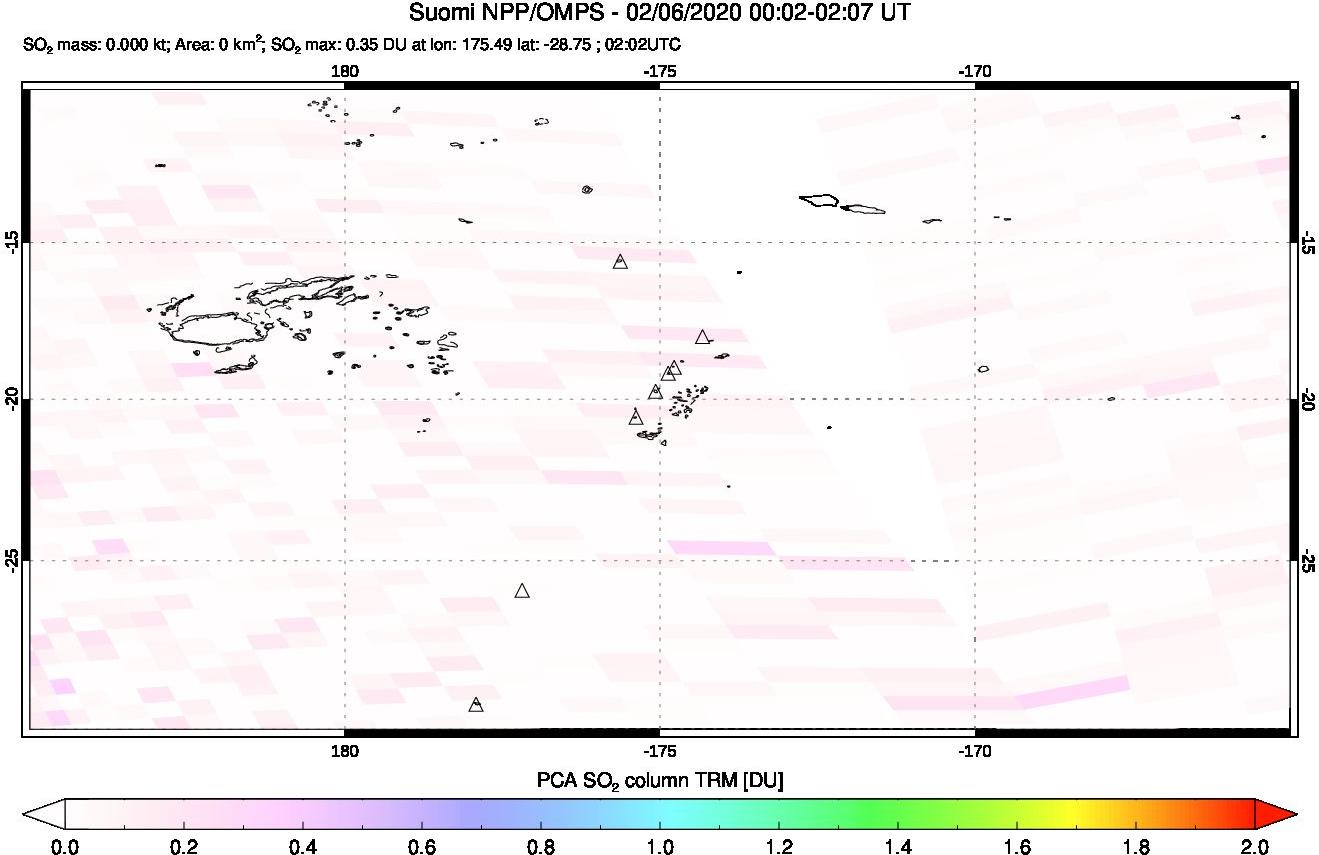 A sulfur dioxide image over Tonga, South Pacific on Feb 06, 2020.