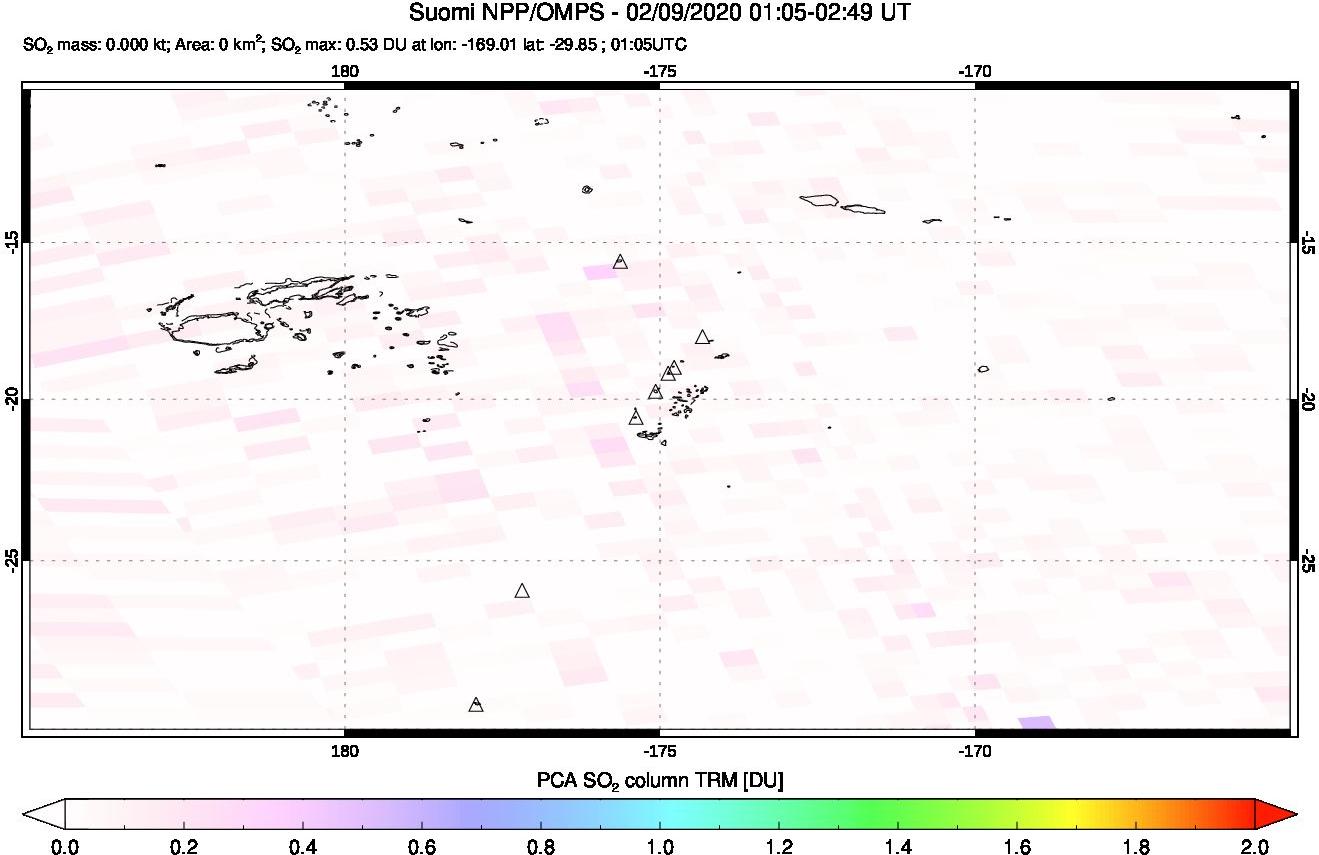 A sulfur dioxide image over Tonga, South Pacific on Feb 09, 2020.