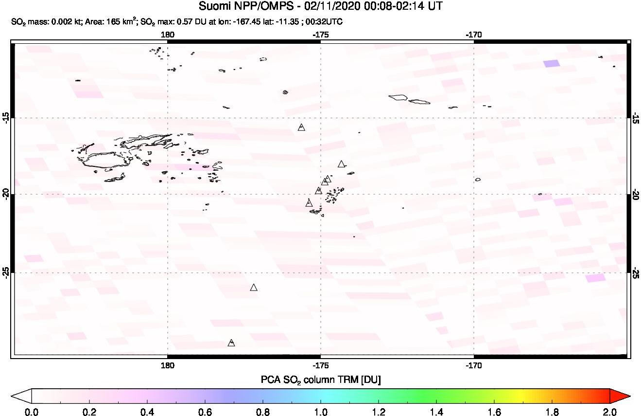 A sulfur dioxide image over Tonga, South Pacific on Feb 11, 2020.
