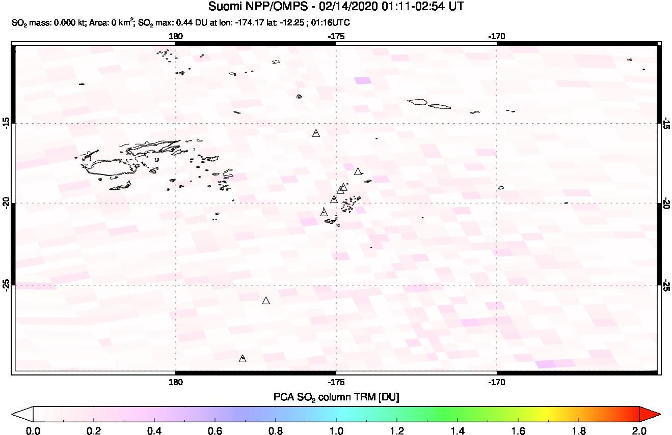 A sulfur dioxide image over Tonga, South Pacific on Feb 14, 2020.