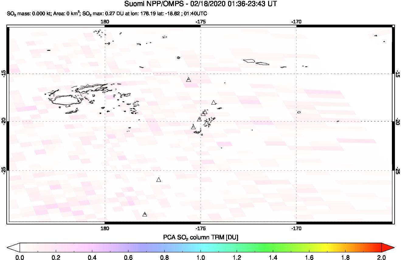 A sulfur dioxide image over Tonga, South Pacific on Feb 18, 2020.