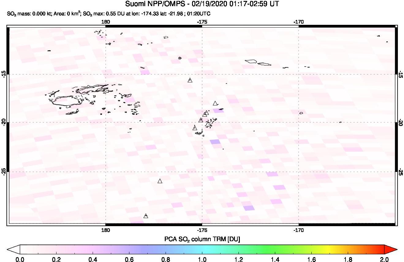 A sulfur dioxide image over Tonga, South Pacific on Feb 19, 2020.
