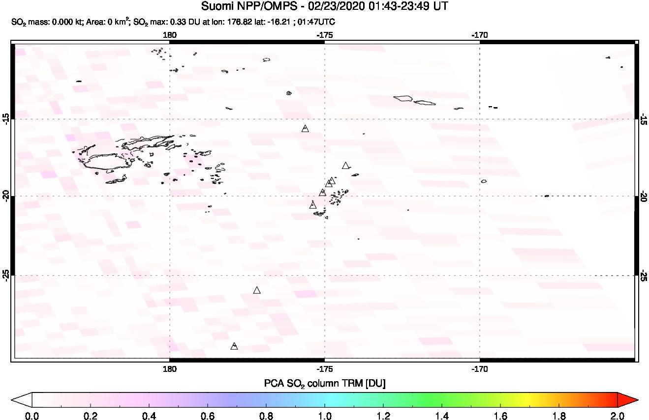 A sulfur dioxide image over Tonga, South Pacific on Feb 23, 2020.